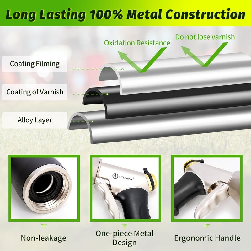 AUTOMAN Metal Hose Nozzle, High Pressure Garden Hose Sprayer, 100% Metal Water Hose Nozzle, Adjustable Watering Nozzle, Heavy Duty Garden Nozzle for Watering Plants & Lawns, Washing Cars & Pets - Image 4